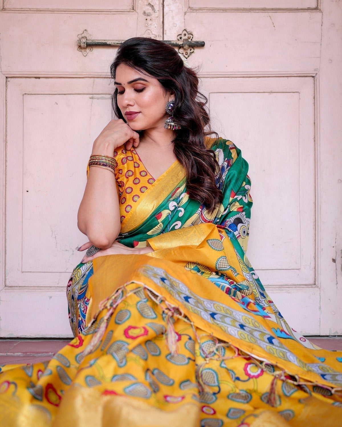 Golden Yellow Tussar Silk Saree with Vibrant Peacock Kalamkari Motifs
