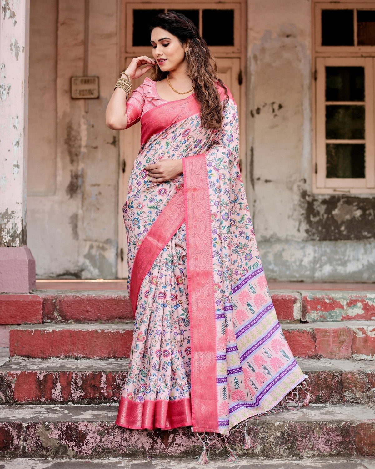 Blush Pink Tussar Silk Saree with Multicolor Floral Design and Zari