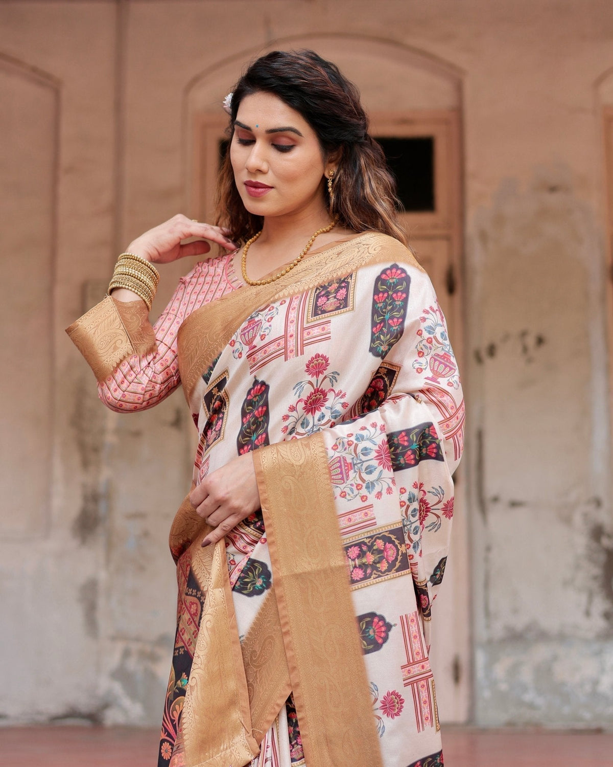 Ivory Tussar Silk Saree with Artistic Floral Motifs and Gleaming