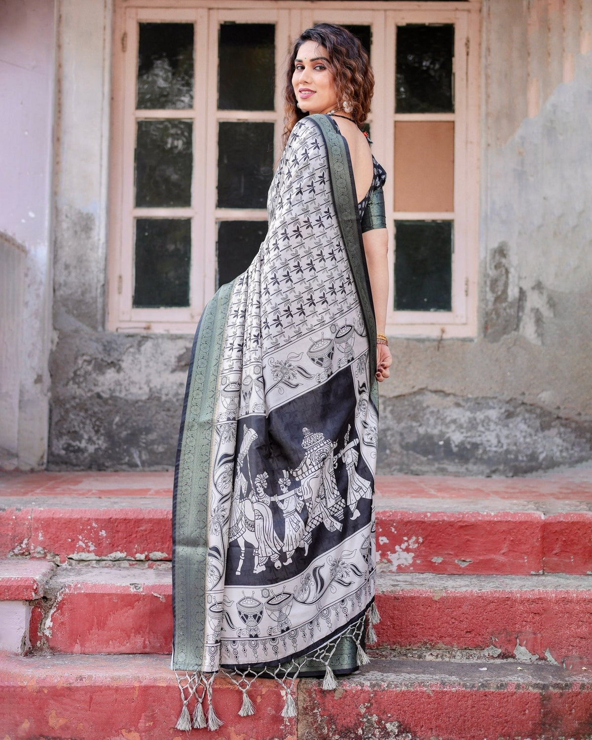 Monochrome White and Black Tussar Silk Saree with Tribal Art Motifs