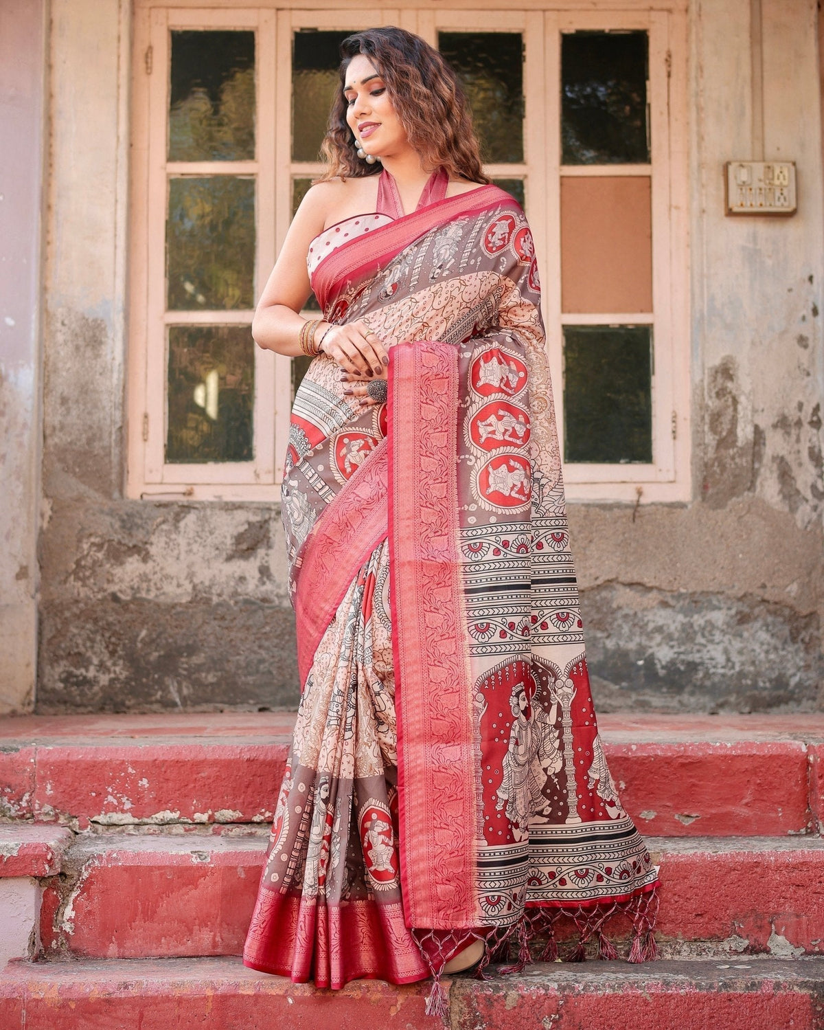 Beige and Red Tussar Silk Saree with Traditional Motifs and Ornamental