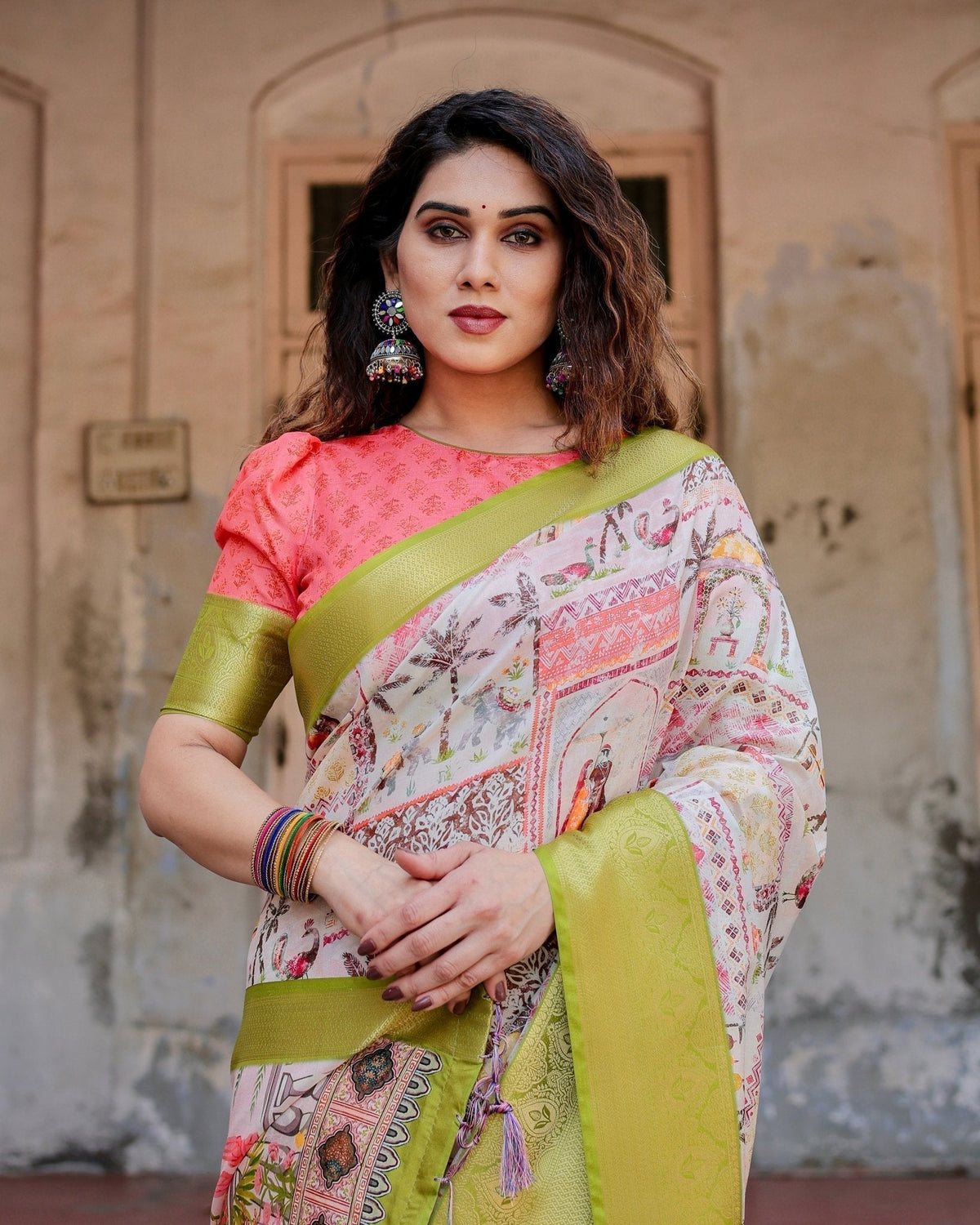 Pastel Tussar Silk Saree with Lime Green Zari Border and Hand-Painted