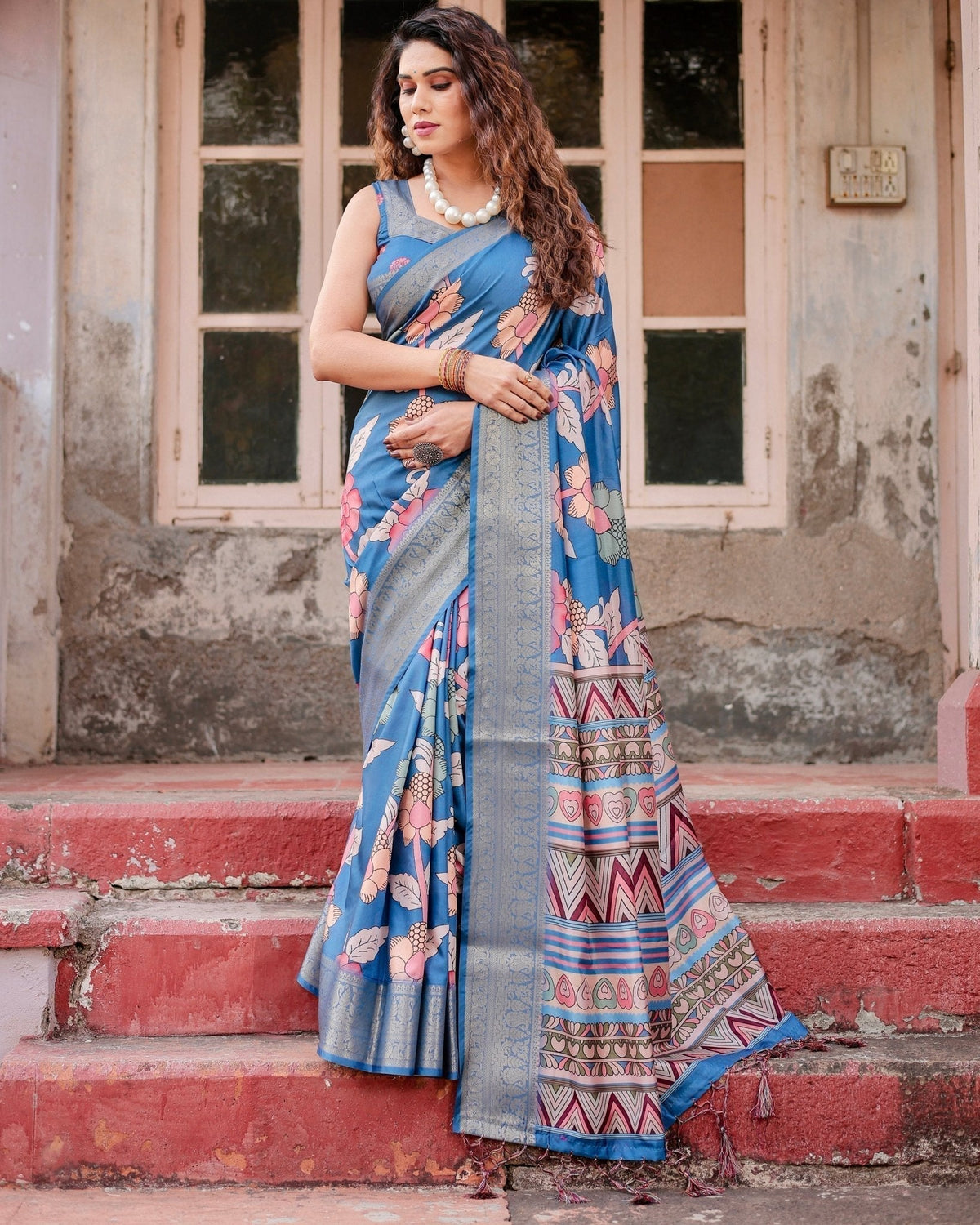Sky Blue Tussar Silk Saree with Bold Floral Motifs and Chevron Pallu