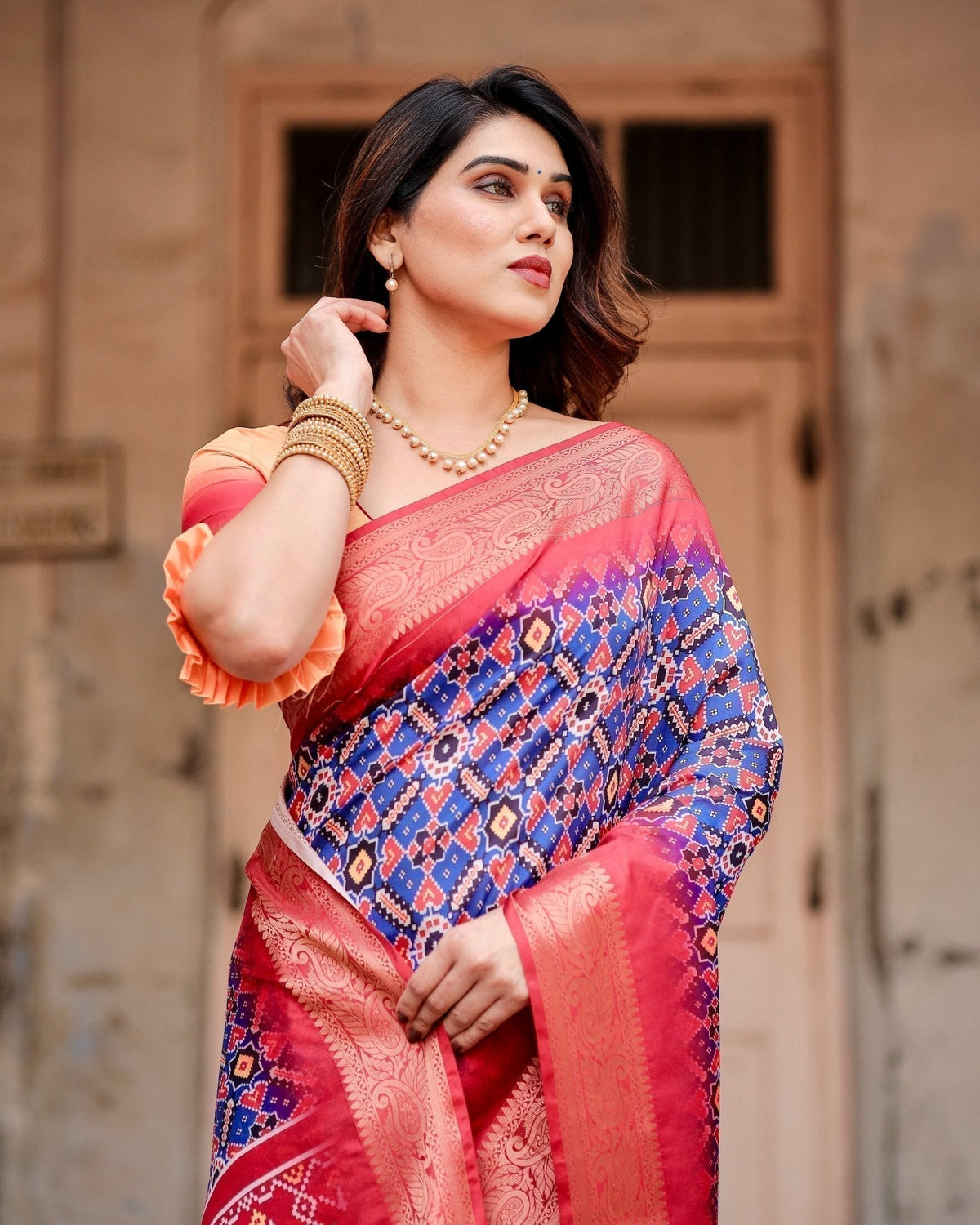 Royal Blue and Red Tussar Silk Saree with Geometric Patterns and