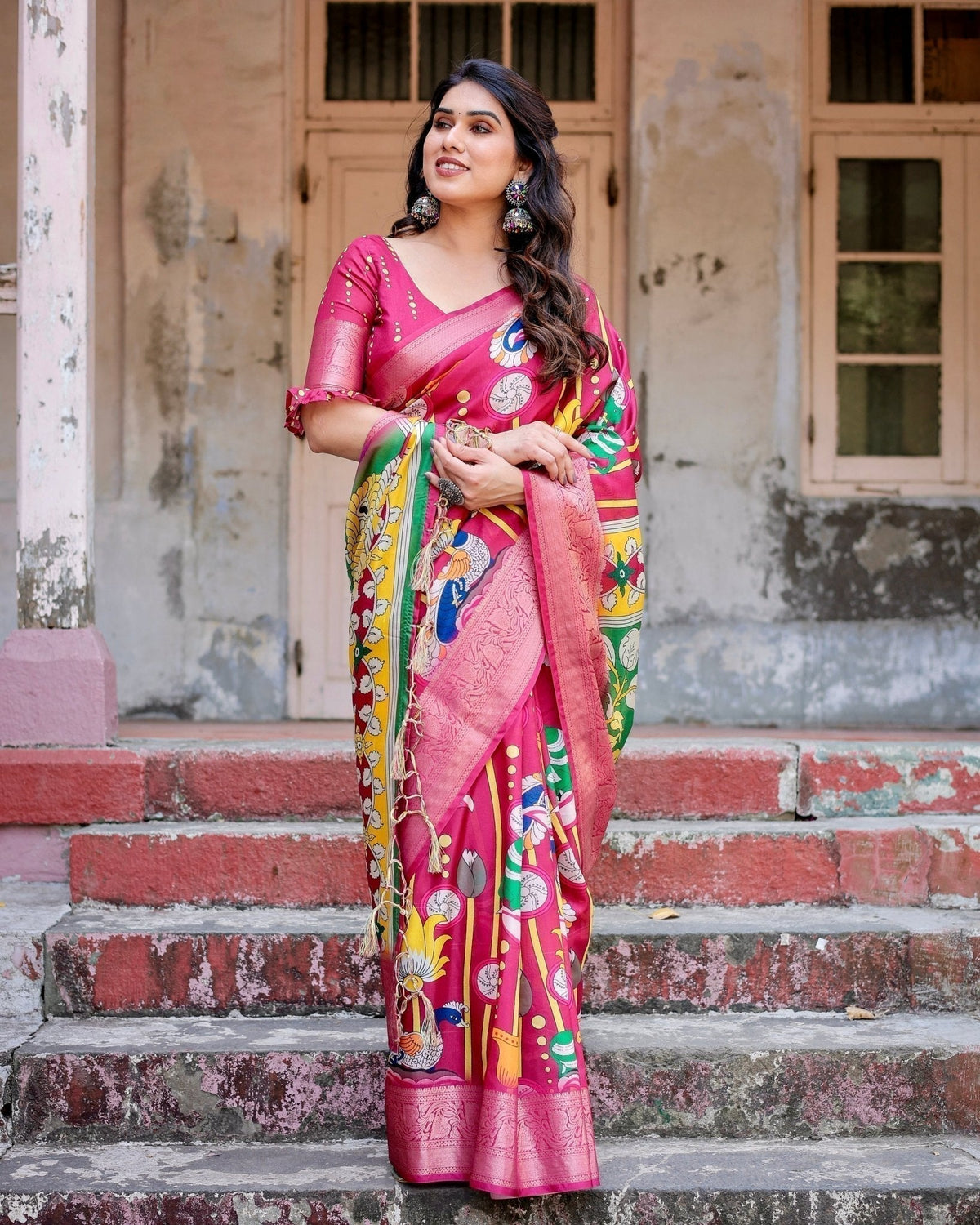 Magenta Tussar Silk Saree with Artistic Peacock & Floral Kalamkari
