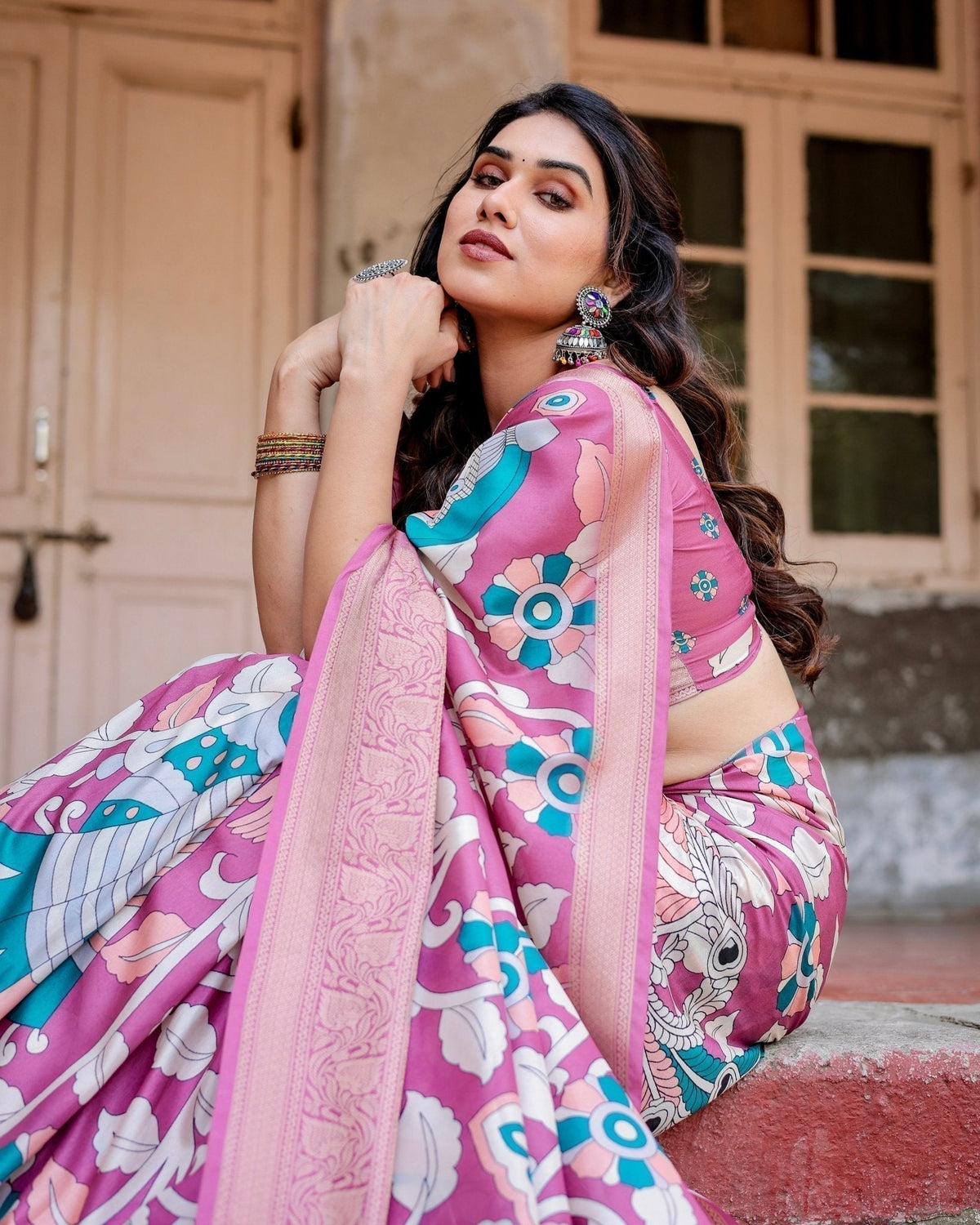 Blush Pink Tussar Silk Saree with Elegant Peacock and Floral Kalamkari