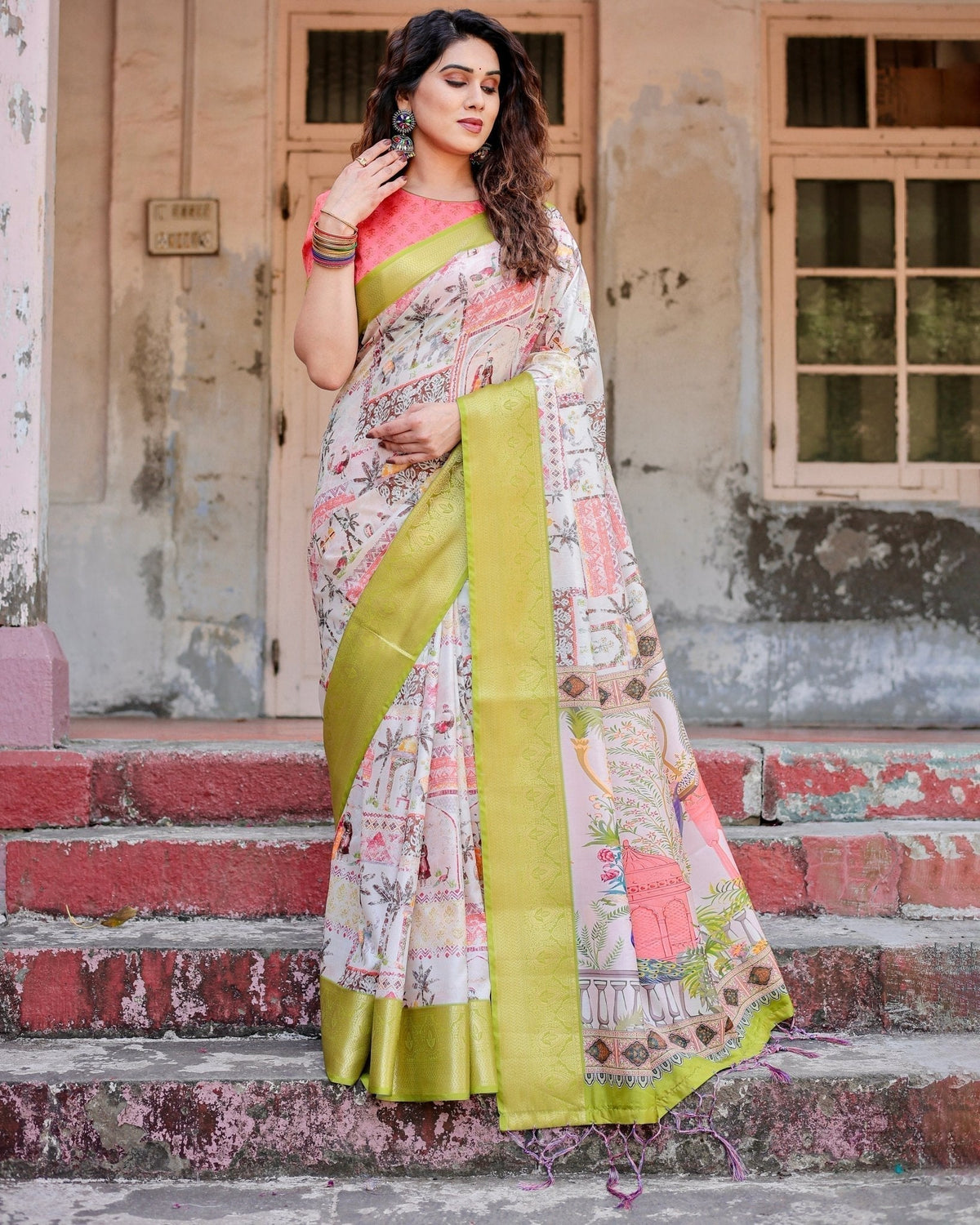 Pastel Tussar Silk Saree with Lime Green Zari Border and Hand-Painted
