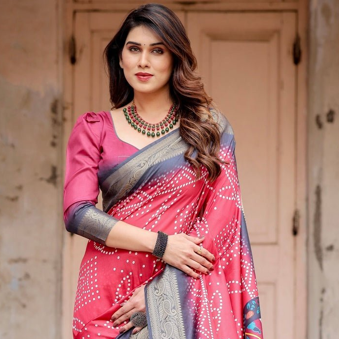 Crimson Red Tussar Silk Saree with Bandhani Patterns, Zari Border, and