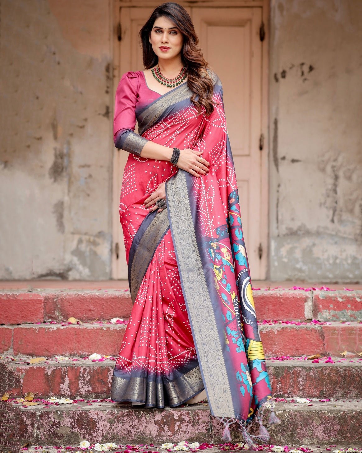 Crimson Red Tussar Silk Saree with Bandhani Patterns, Zari Border, and