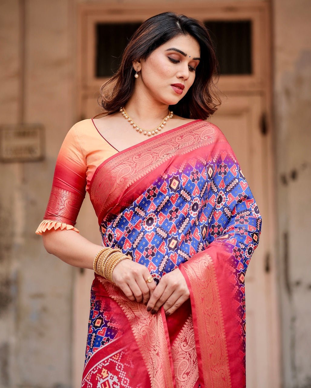 Royal Blue and Red Tussar Silk Saree with Geometric Patterns and