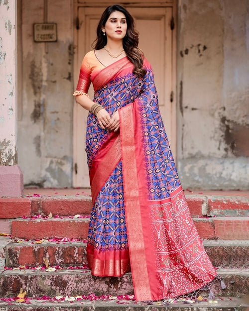 Royal Blue and Red Tussar Silk Saree with Geometric Patterns and