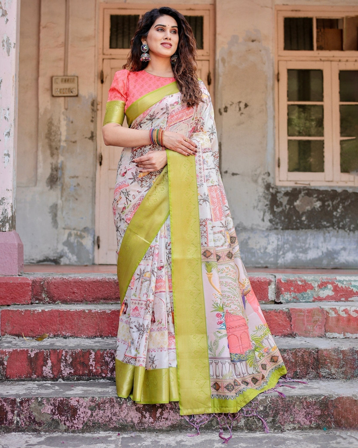 Pastel Tussar Silk Saree with Lime Green Zari Border and Hand-Painted