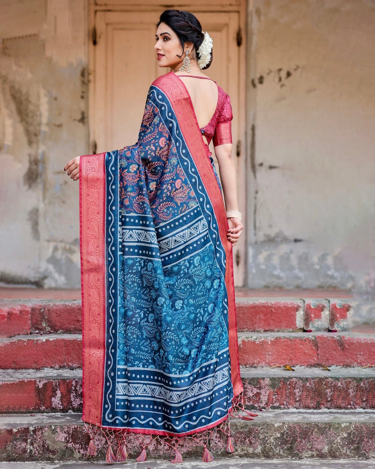 Teal Blue and Coral Tussar Silk Saree with Floral Weaves and Geometric