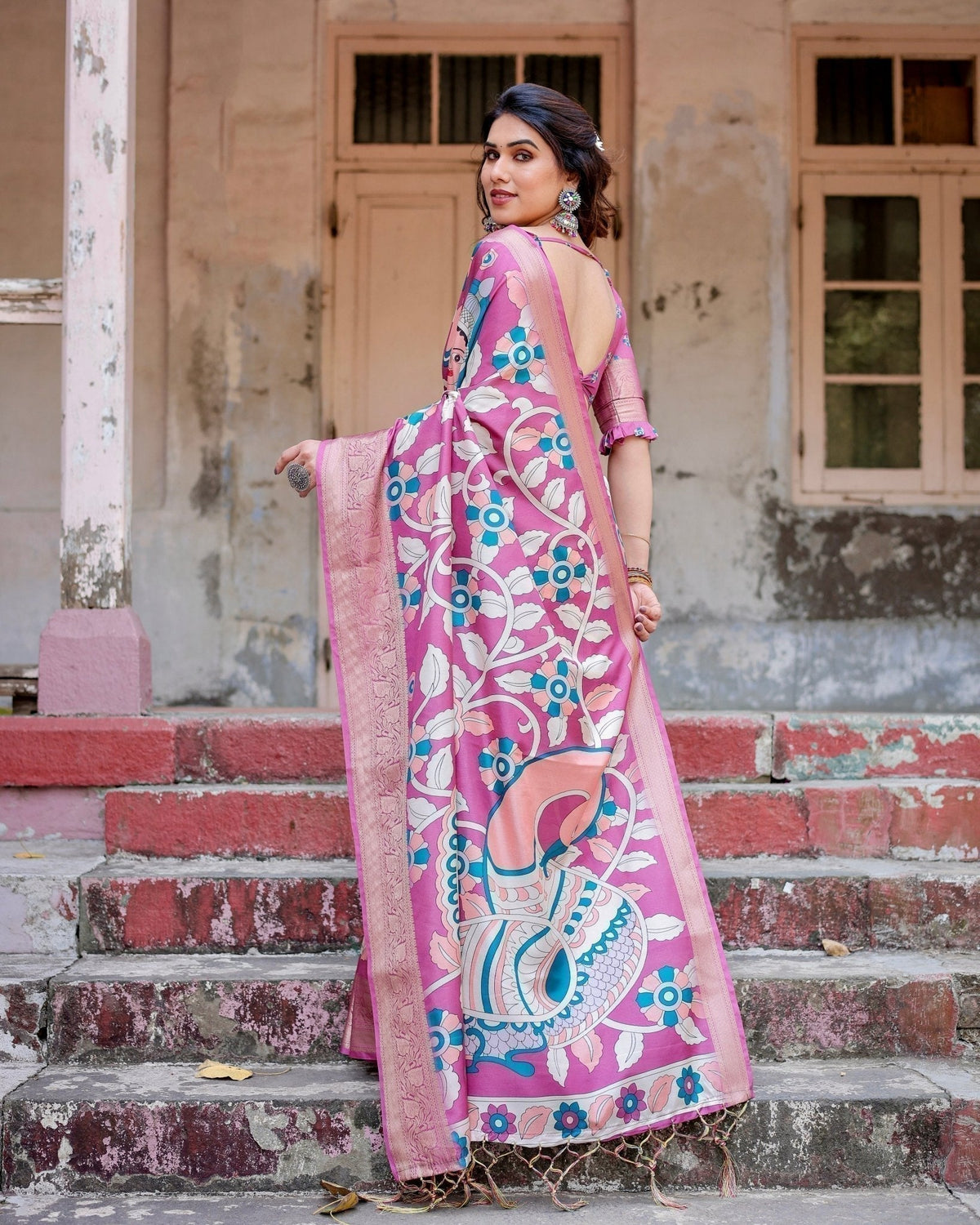 Blush Pink Tussar Silk Saree with Elegant Peacock and Floral Kalamkari
