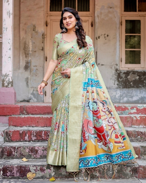 Pastel Green Tussar Silk Saree with Mythological Kalamkari Pallu and