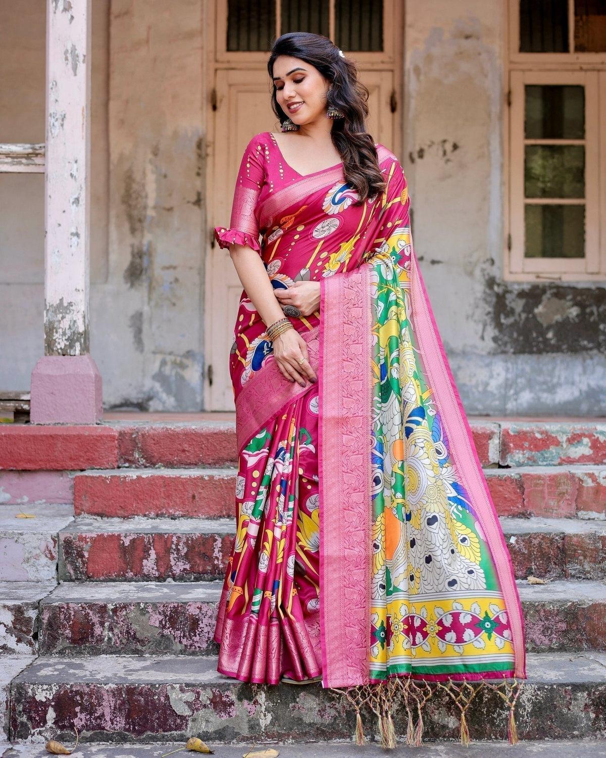 Magenta Tussar Silk Saree with Artistic Peacock & Floral Kalamkari