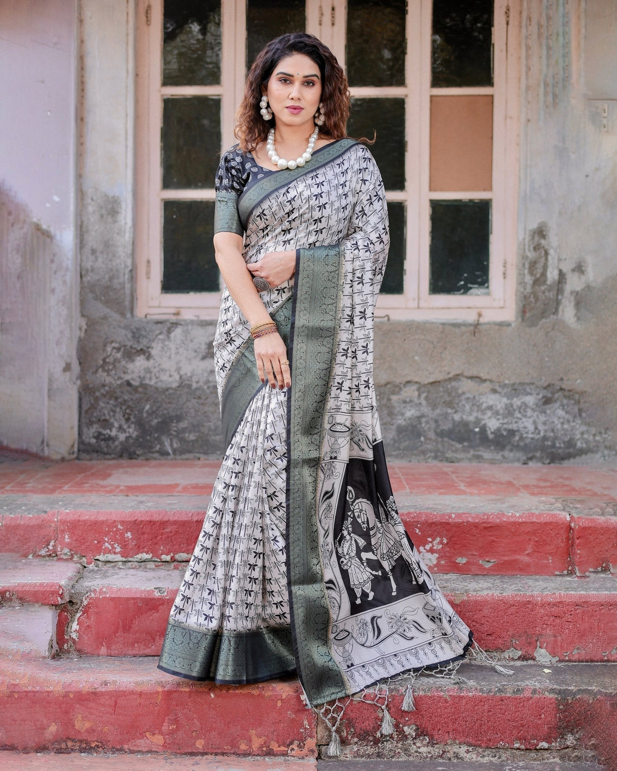 Monochrome White and Black Tussar Silk Saree with Tribal Art Motifs