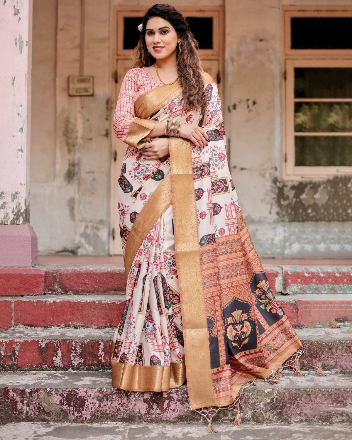 Ivory Tussar Silk Saree with Artistic Floral Motifs and Gleaming