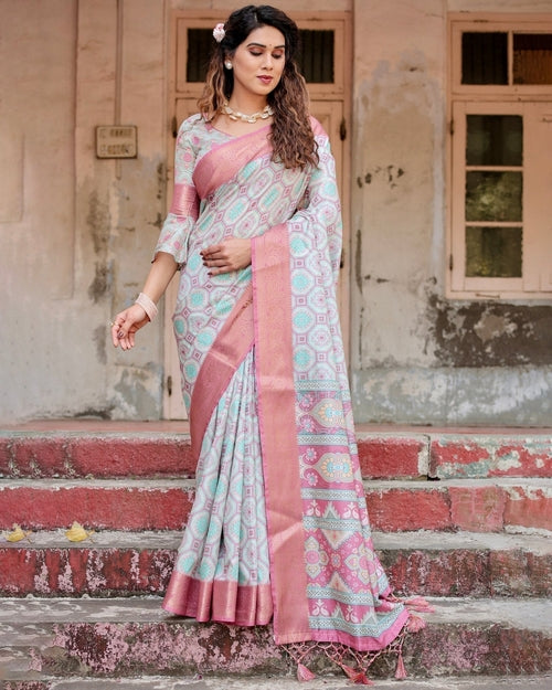 Pastel Pink and Mint Green Geometric Tussar Silk Saree with Zari