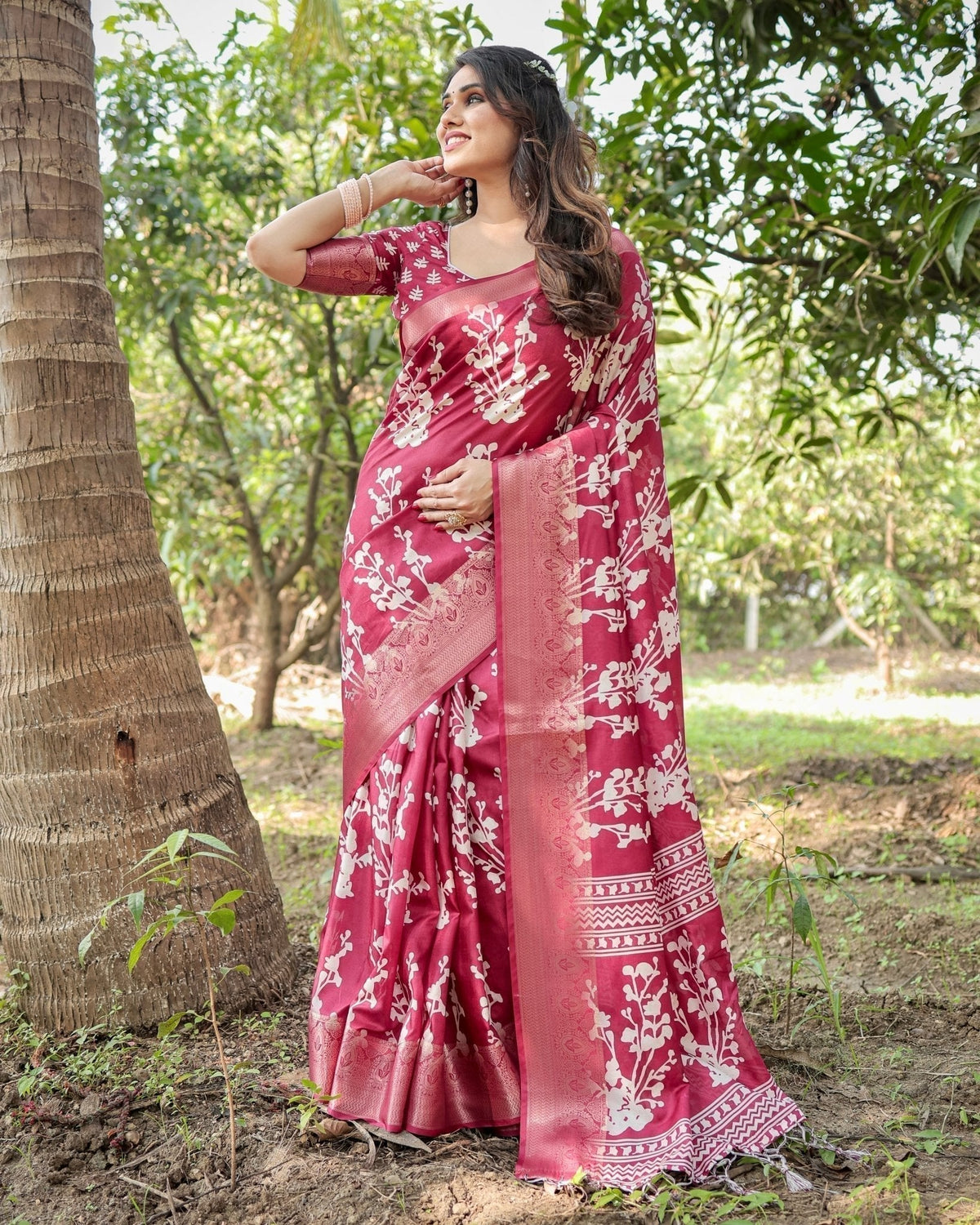 Maroon Tussar Silk Saree with White Floral Motifs, Intricate Zari
