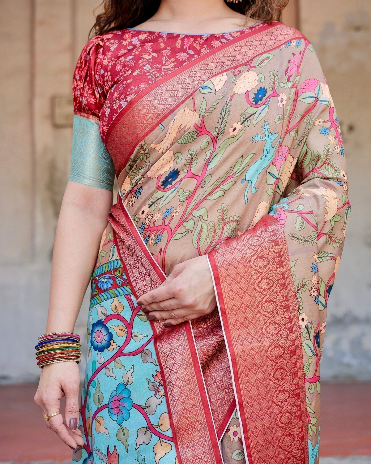 Beige Tussar Silk Saree with Vibrant Multicolor Floral Prints and Red
