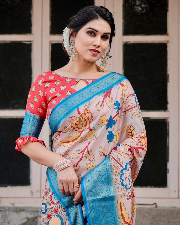 Beige and Red Tussar Silk Saree with Divine Motifs and Floral Zari