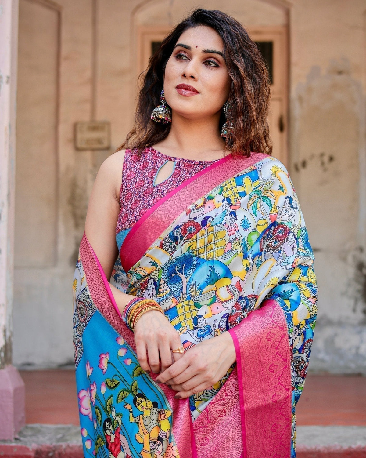 Vibrant Multicolor Digital Printed Tussar Silk Saree with Pink Zari