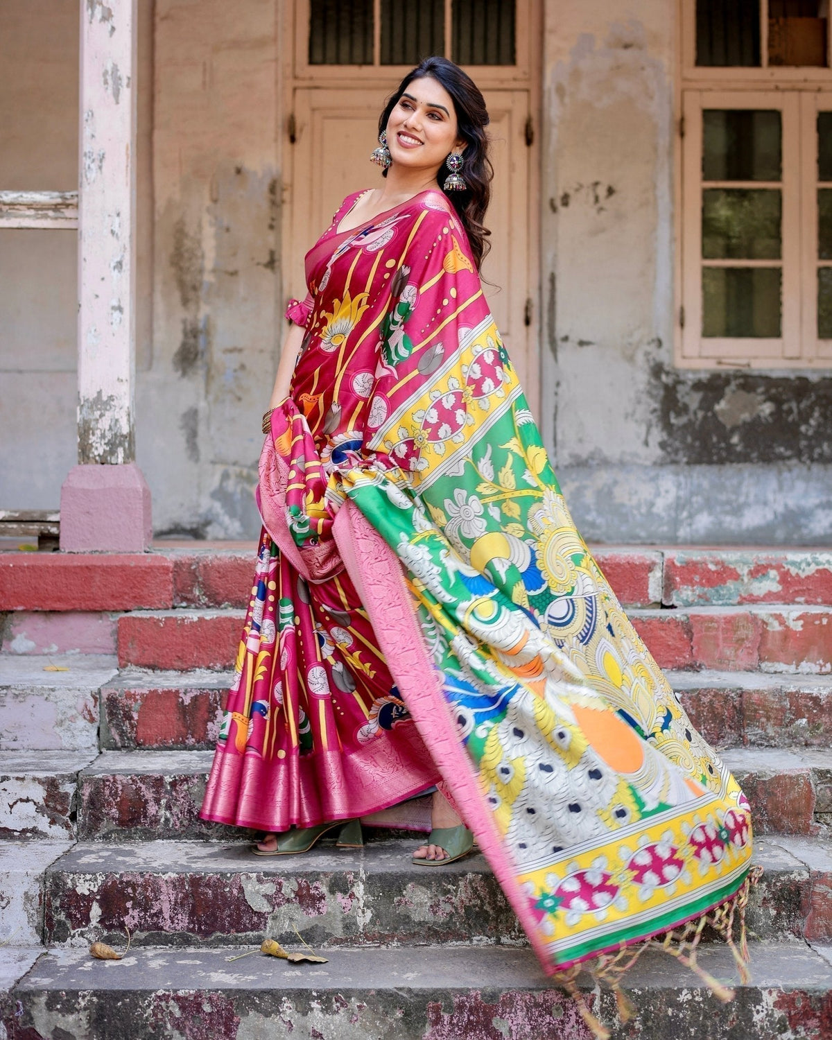Magenta Tussar Silk Saree with Artistic Peacock & Floral Kalamkari