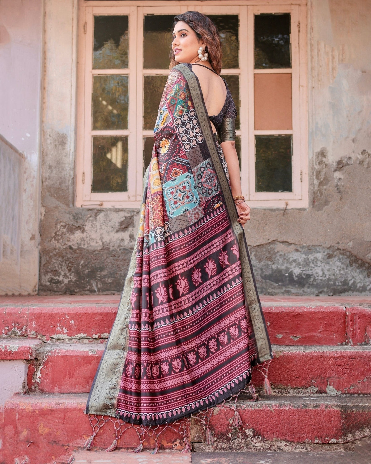 Multicolor Tussar Silk Saree with Ornamental Patchwork and Olive Zari