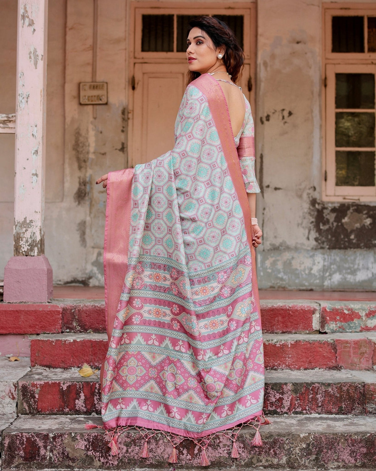Pastel Pink and Mint Green Geometric Tussar Silk Saree with Zari