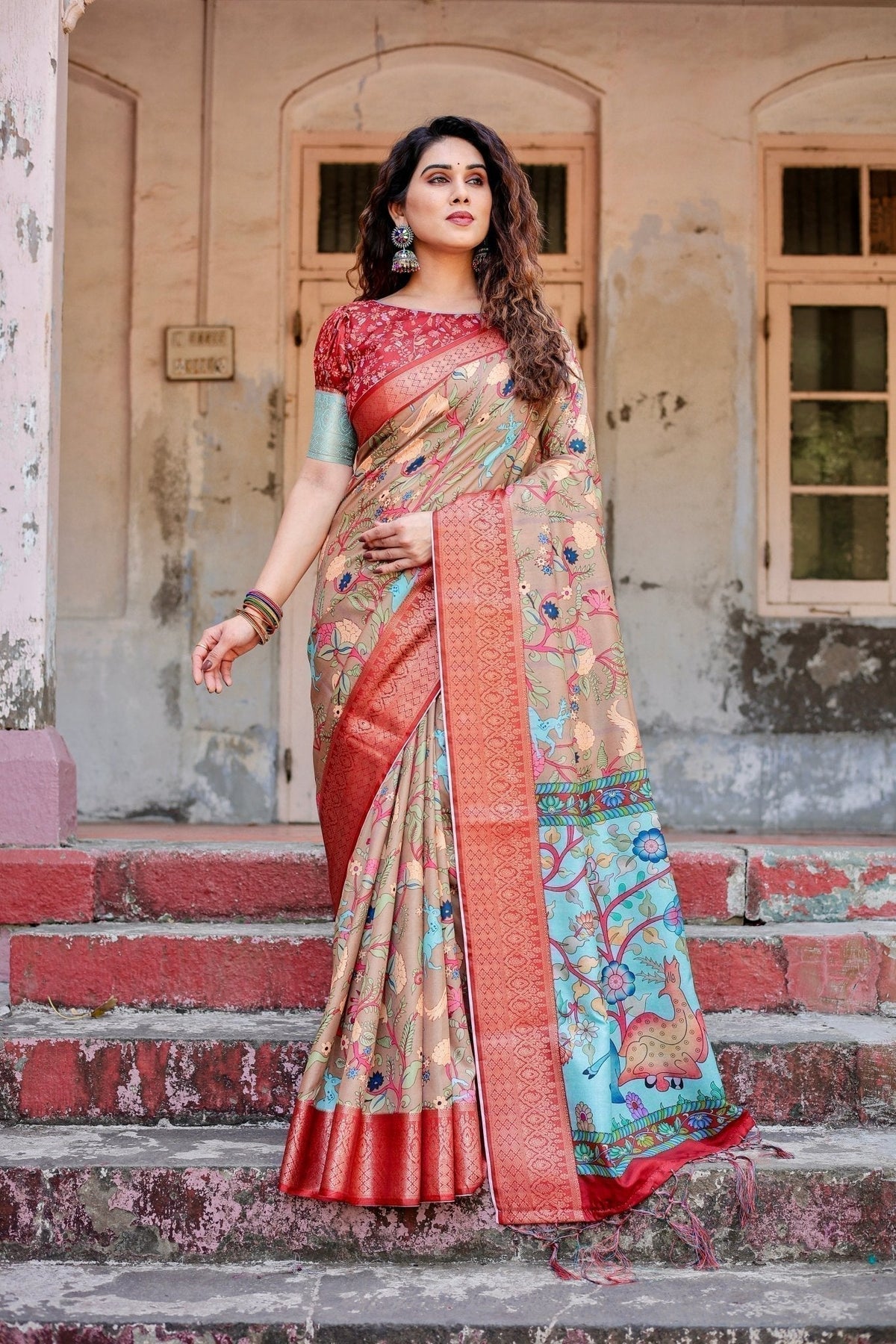Beige Tussar Silk Saree with Vibrant Multicolor Floral Prints and Red