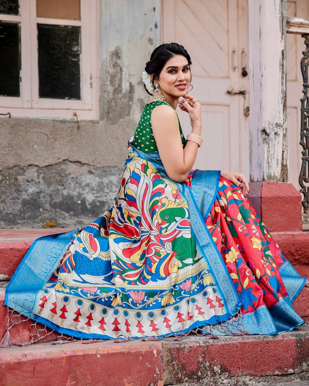 Beige and Red Tussar Silk Saree with Divine Motifs and Floral Zari