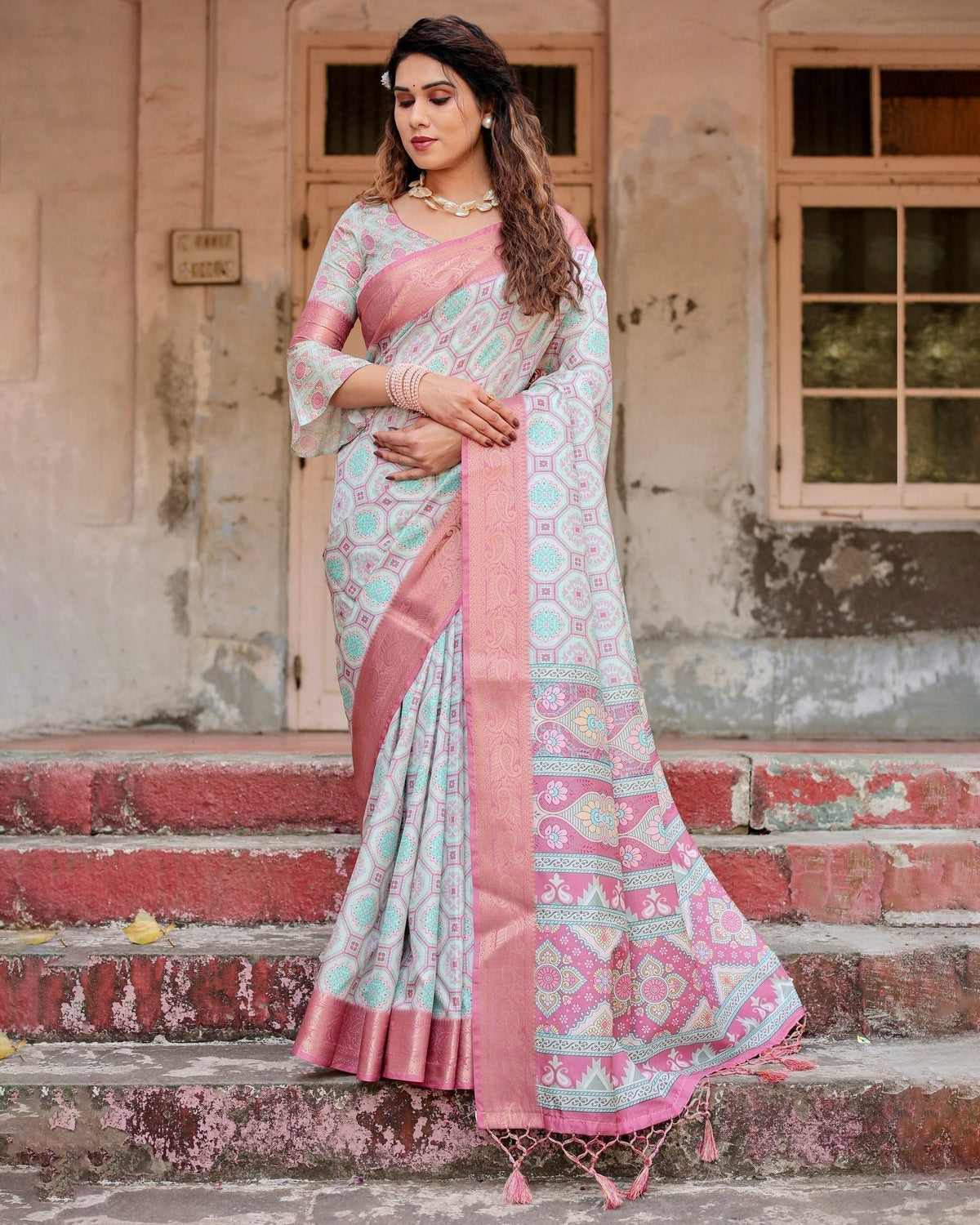 Pastel Pink and Mint Green Geometric Tussar Silk Saree with Zari