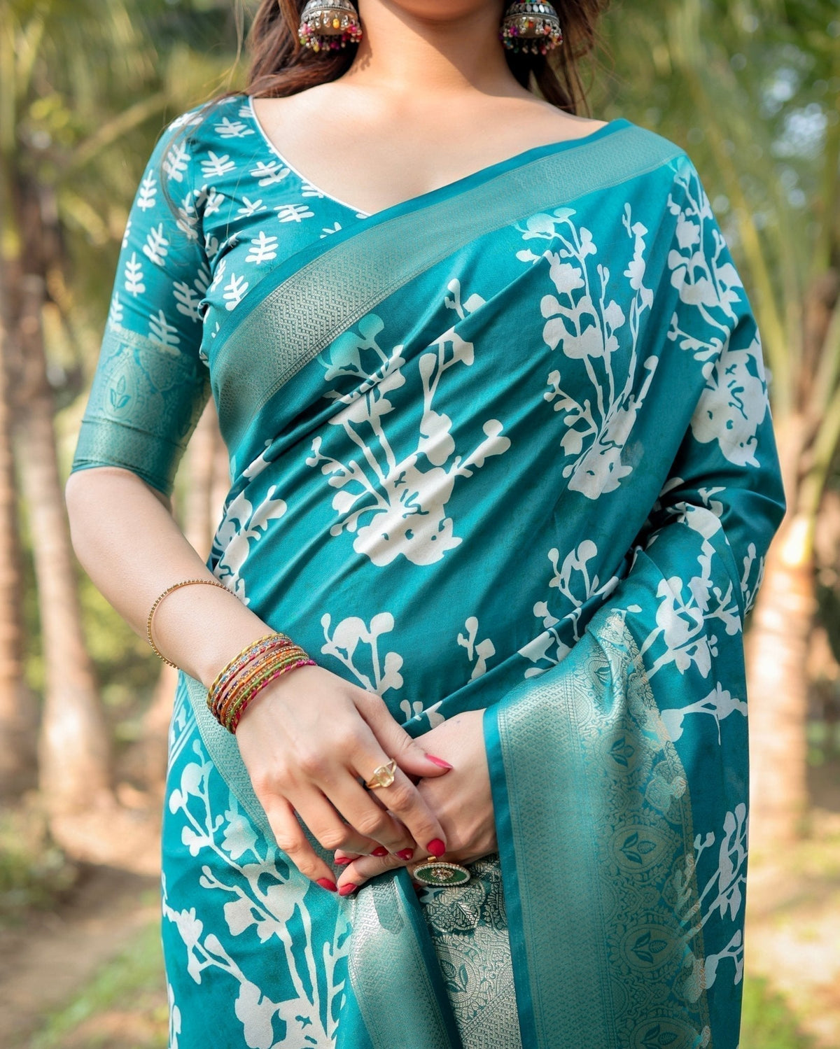 Teal Blue Tussar Silk Saree with White Floral Design, Gold Zari Border