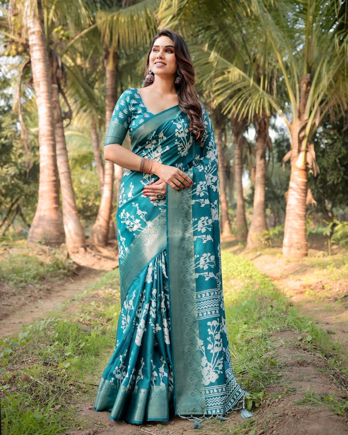 Teal Blue Tussar Silk Saree with White Floral Design, Gold Zari Border