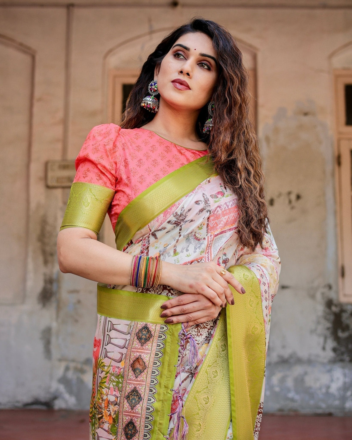Pastel Tussar Silk Saree with Lime Green Zari Border and Hand-Painted