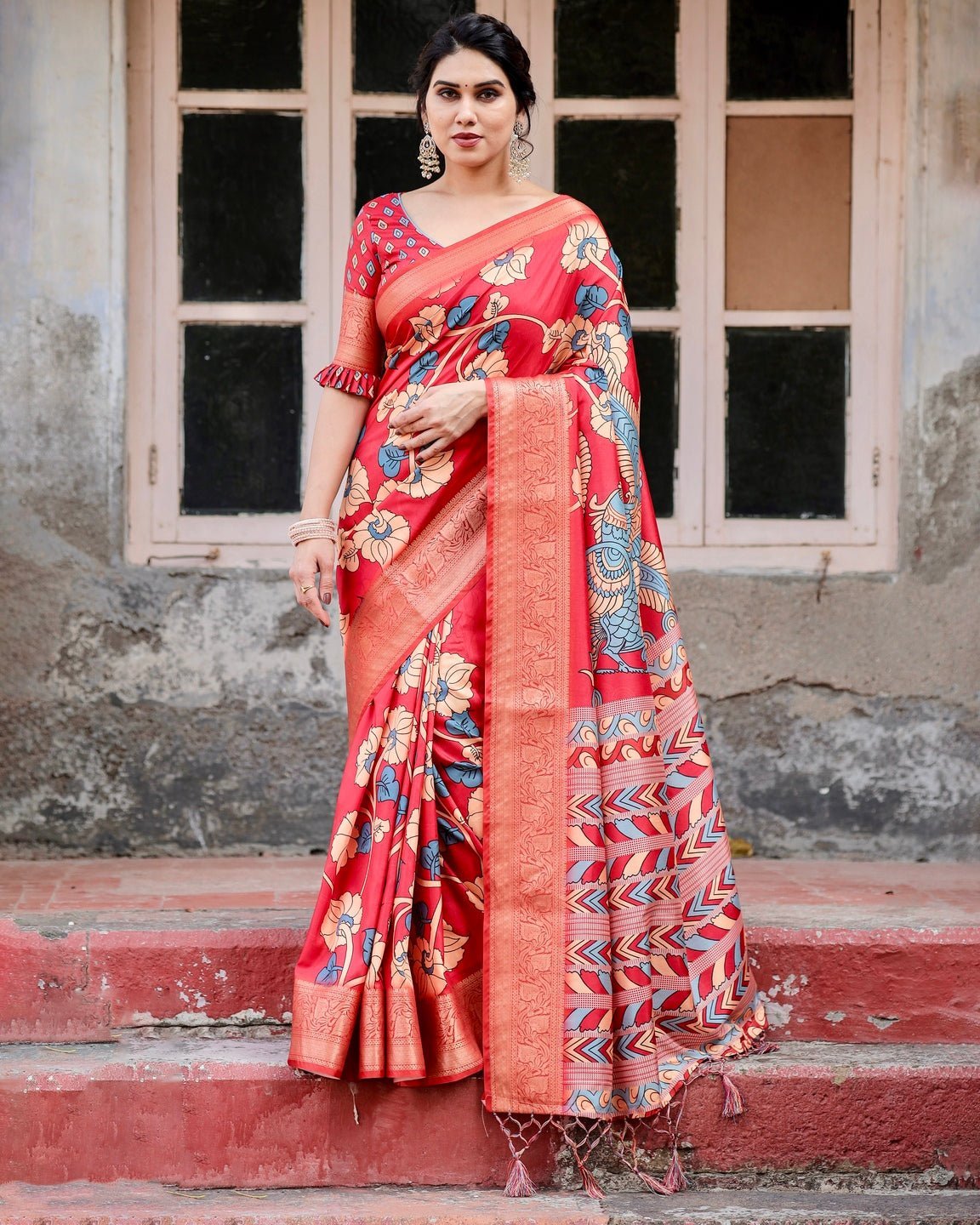Vibrant Red Tussar Silk Saree with Bold Floral Motifs and Chevron