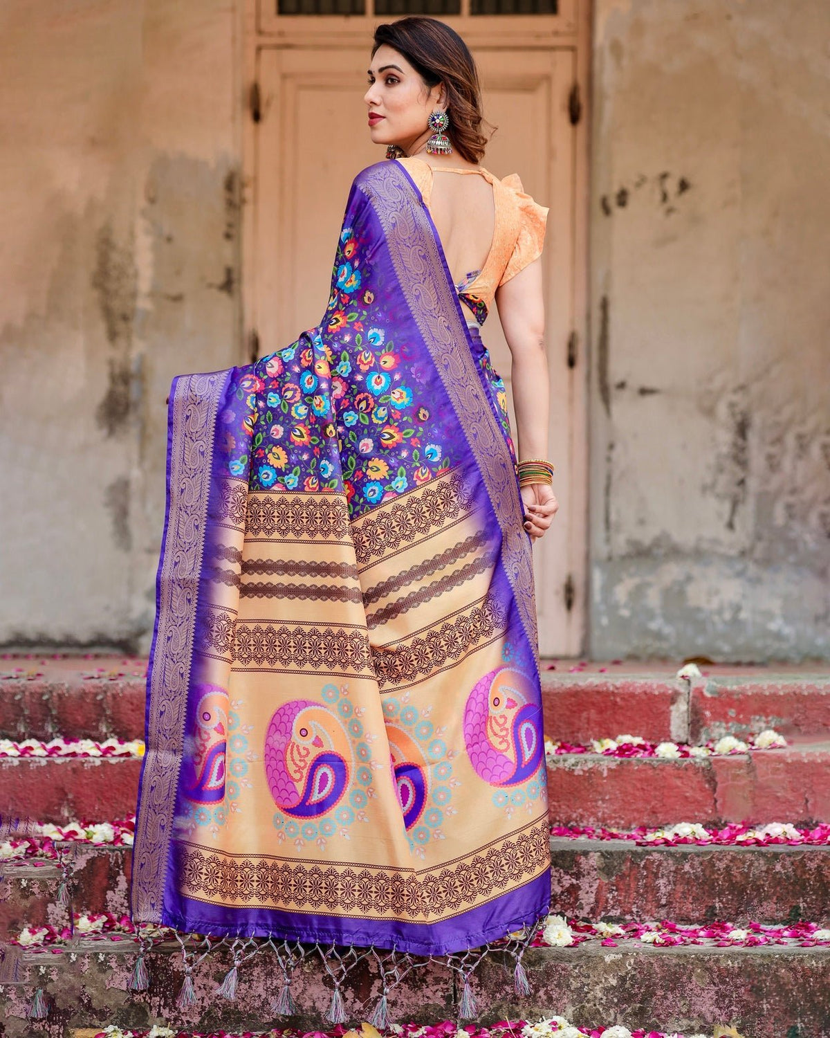 Royal Purple Tussar Silk Saree with Vibrant Floral Print and Peacock