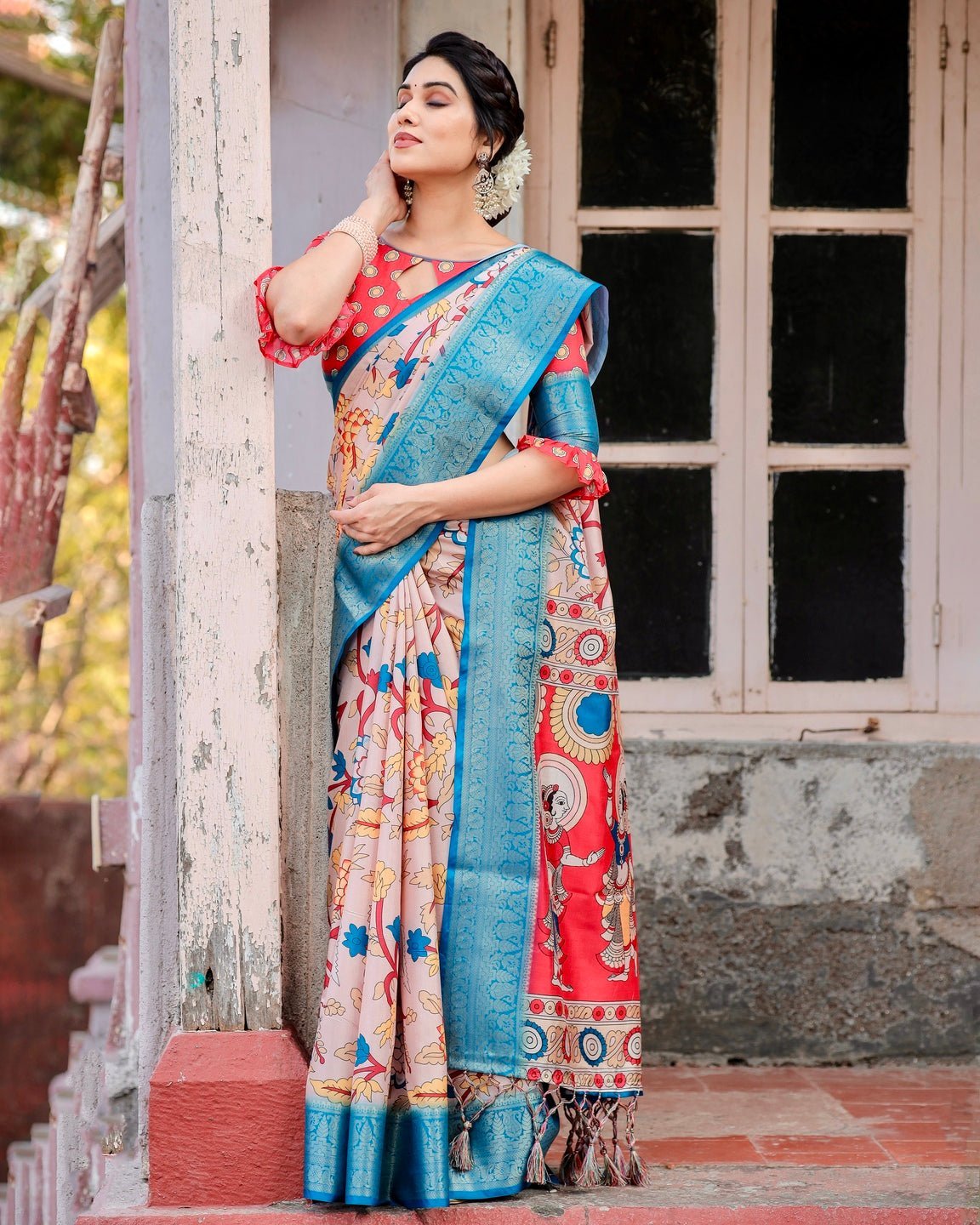 Beige and Red Tussar Silk Saree with Divine Motifs and Floral Zari
