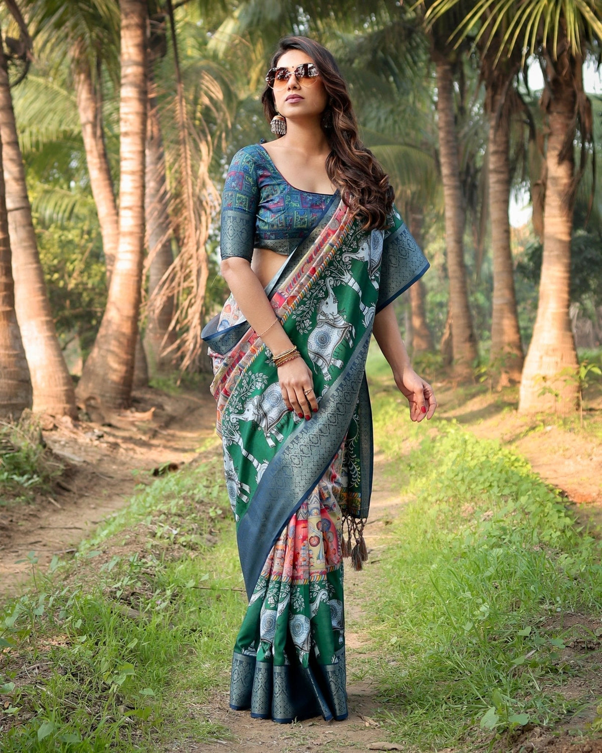 Multicolored Digital Print Tussar Silk Saree with Intricate Zari