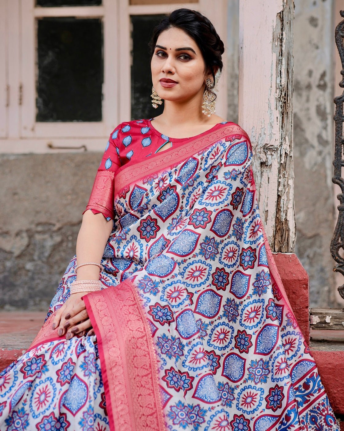 White and Red Tussar Silk Saree with Vibrant Floral Geometric Motifs