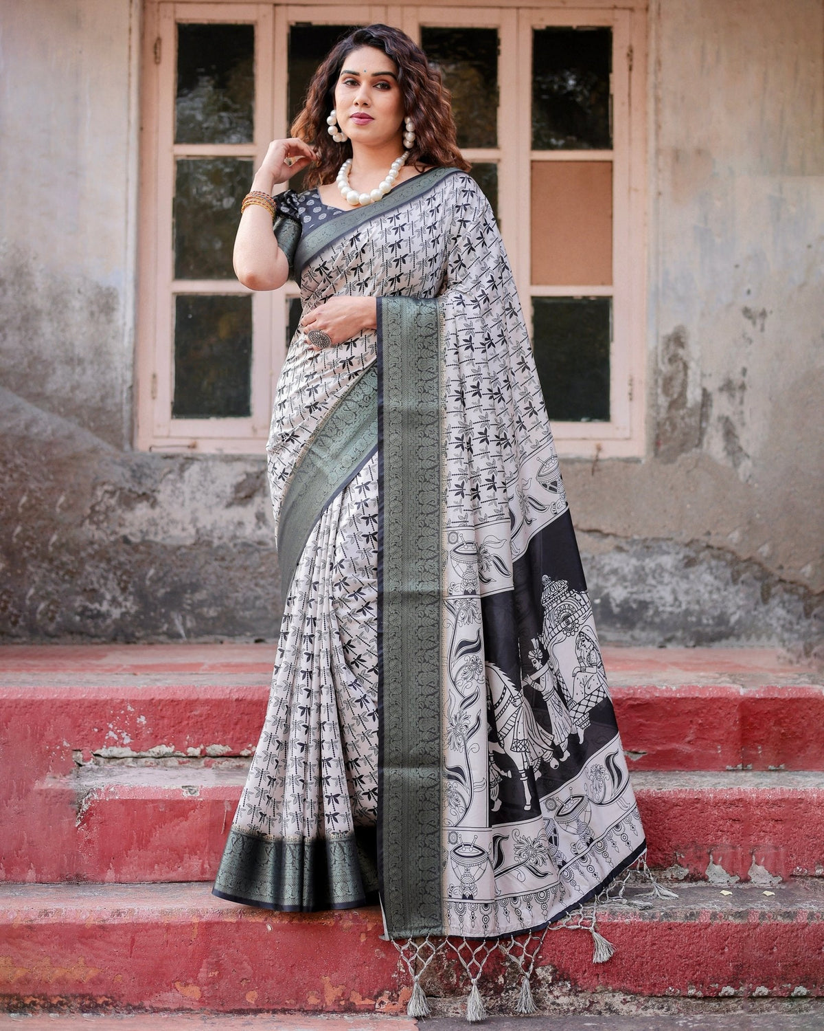 Monochrome White and Black Tussar Silk Saree with Tribal Art Motifs