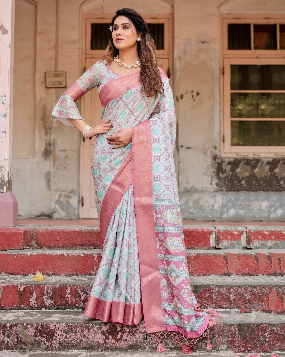 Pastel Pink and Mint Green Geometric Tussar Silk Saree with Zari