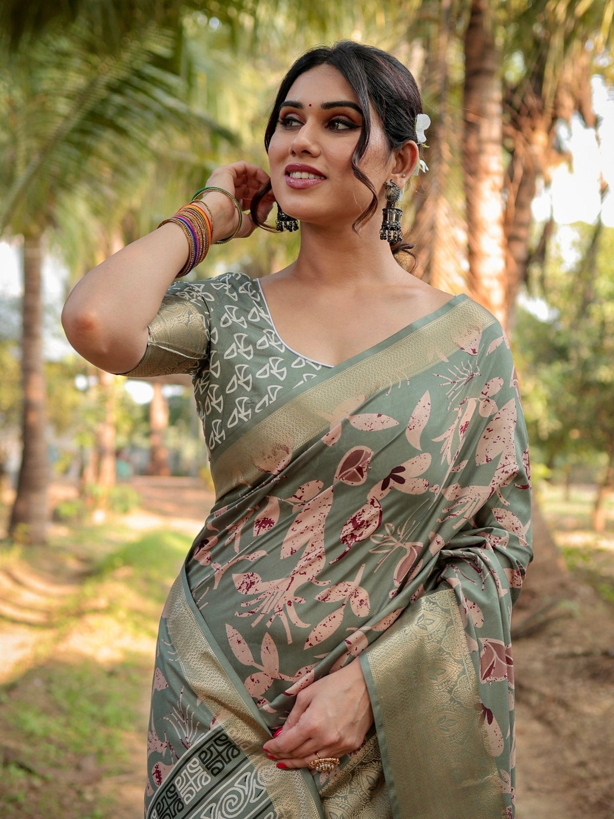 Graceful Olive Green Tussar Silk Saree with Intricate Beige and Maroon