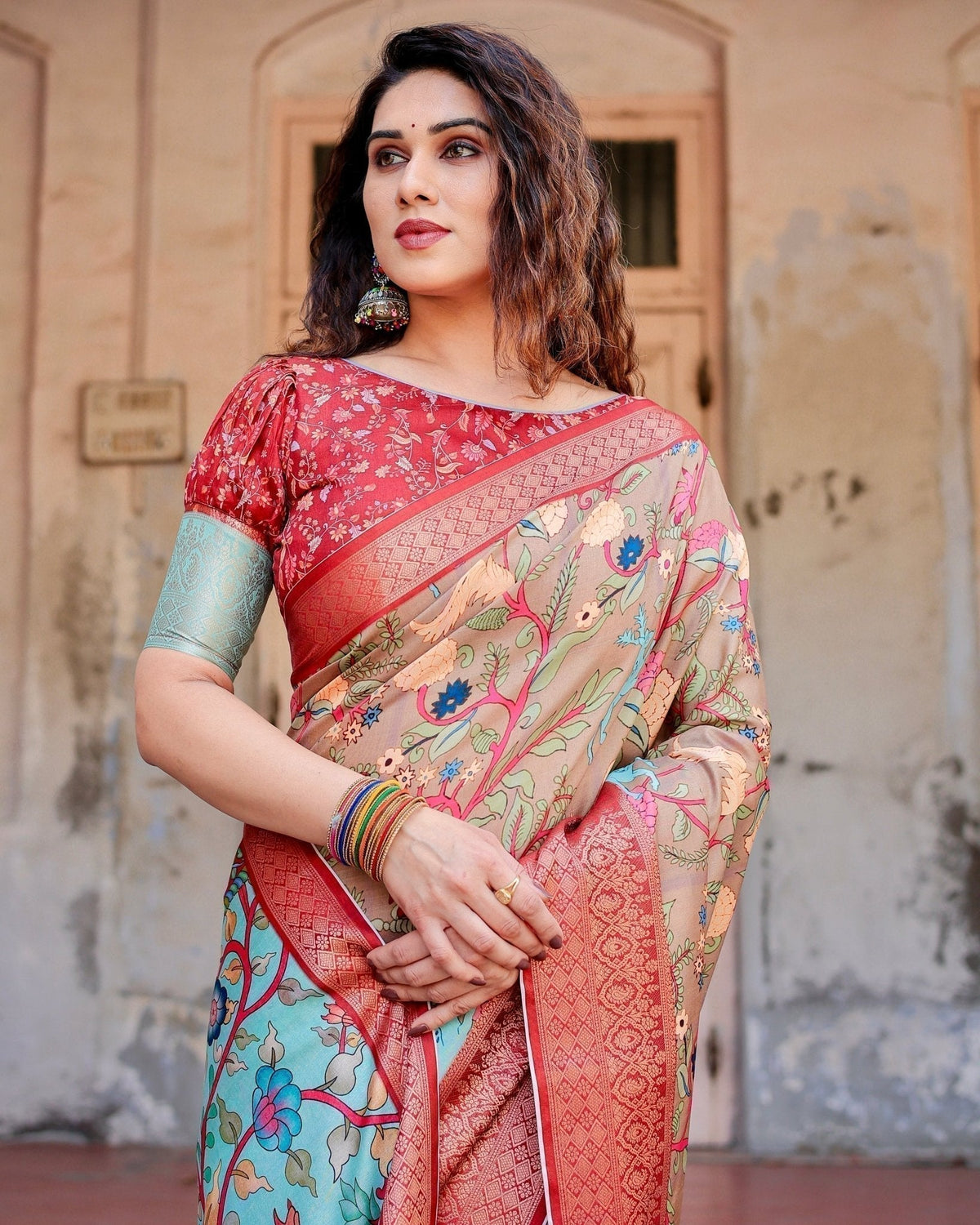 Beige Tussar Silk Saree with Vibrant Multicolor Floral Prints and Red