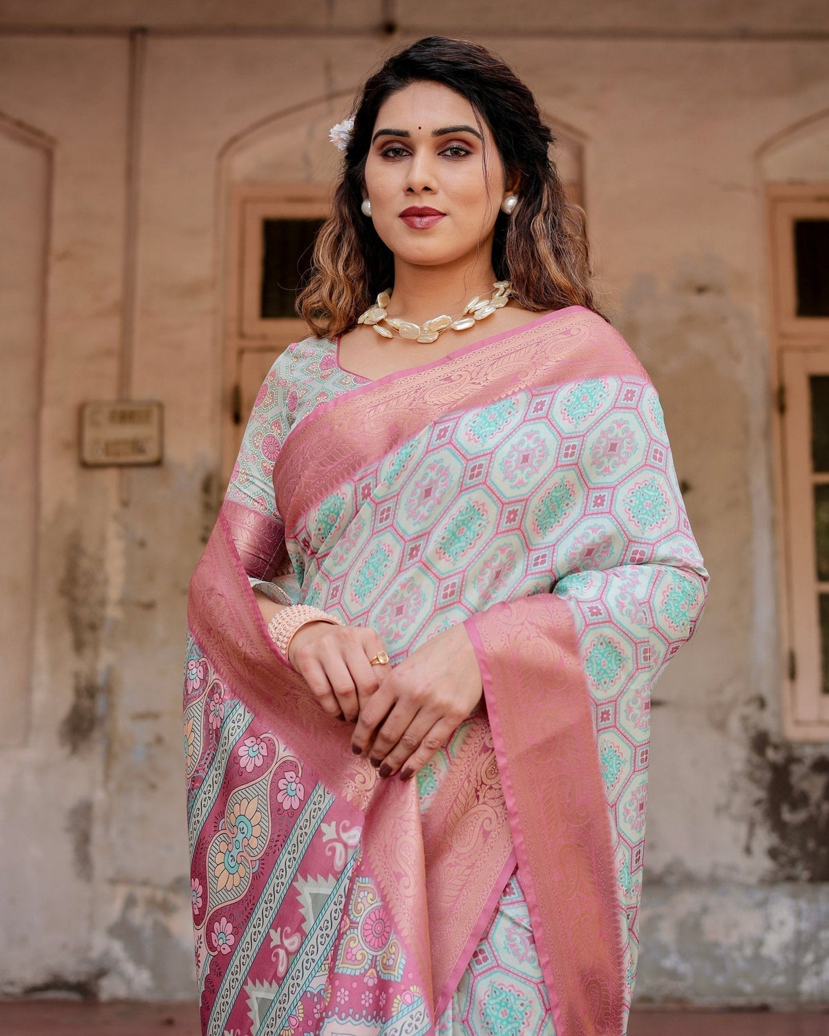 Pastel Pink and Mint Green Geometric Tussar Silk Saree with Zari