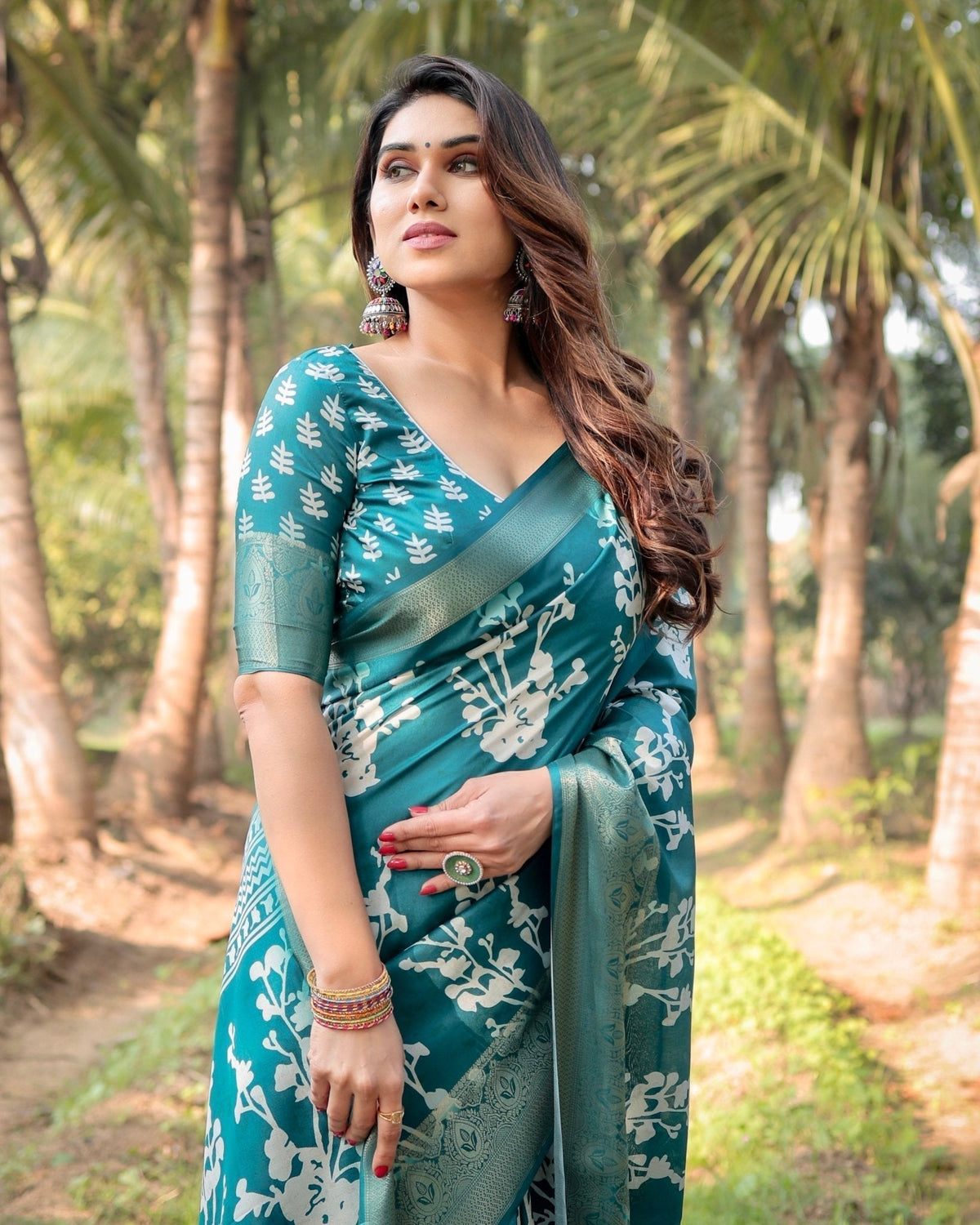 Teal Blue Tussar Silk Saree with White Floral Design, Gold Zari Border