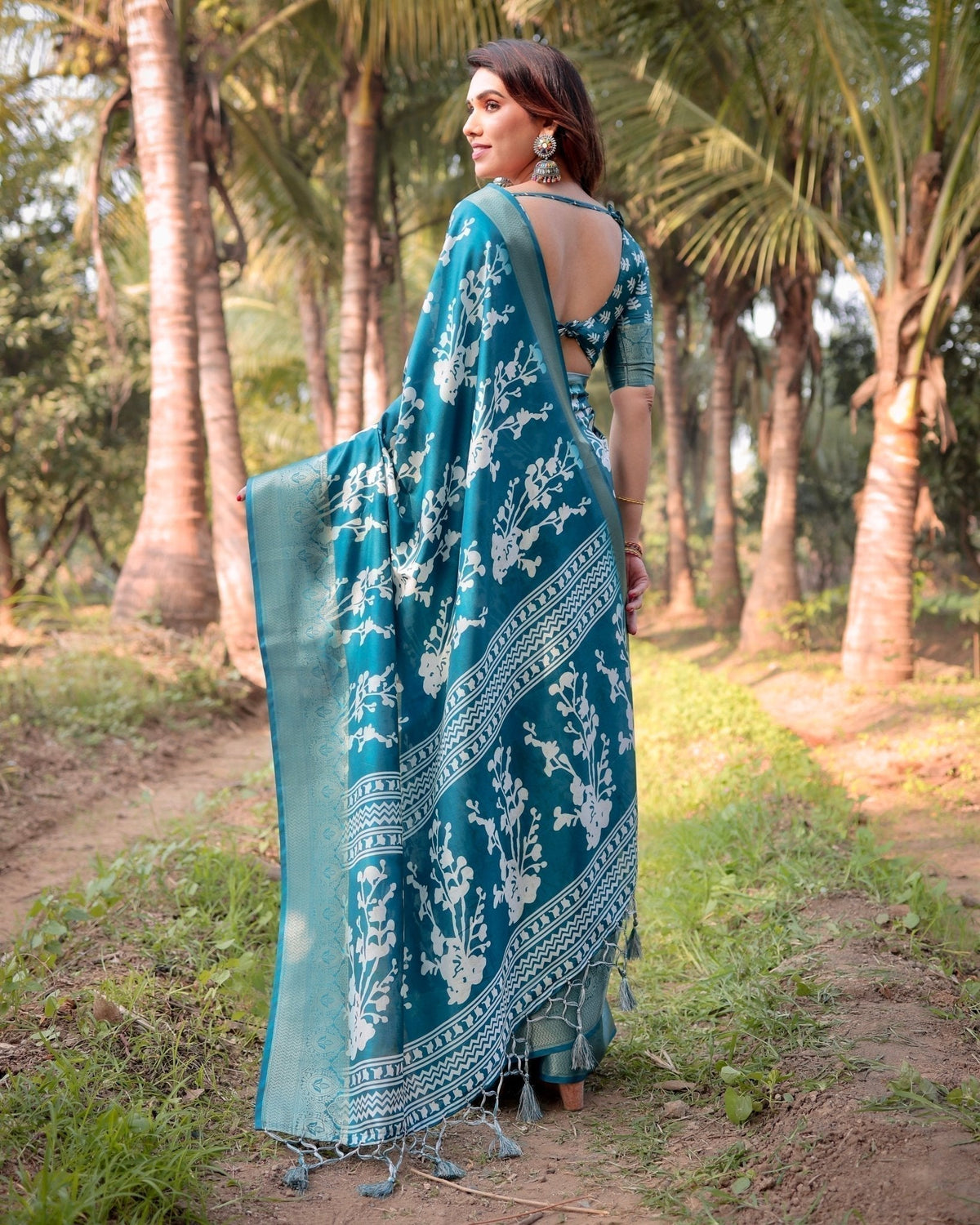 Teal Blue Tussar Silk Saree with White Floral Design, Gold Zari Border