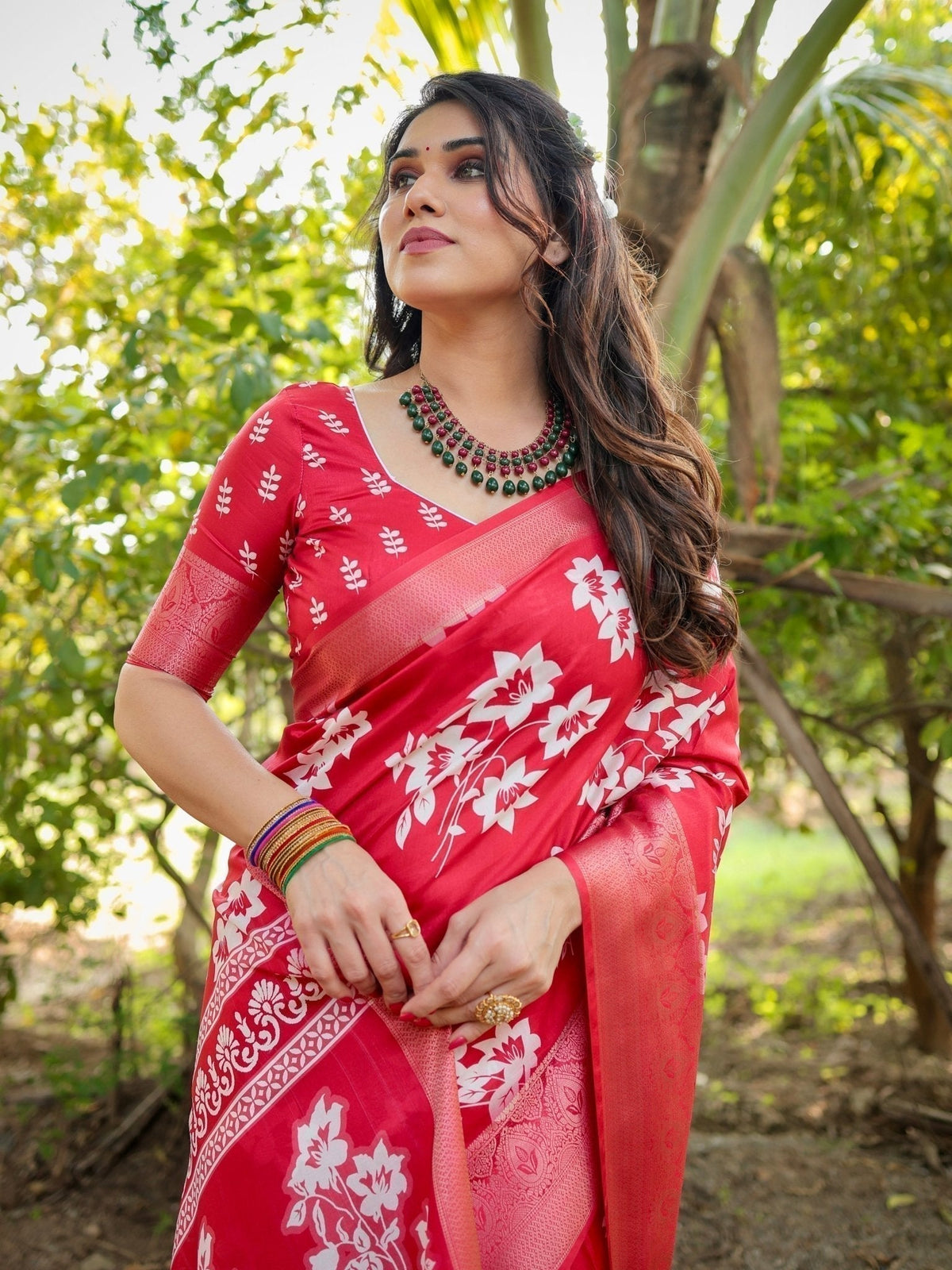 Graceful Red Tussar Silk Saree with White Floral Design and Zari