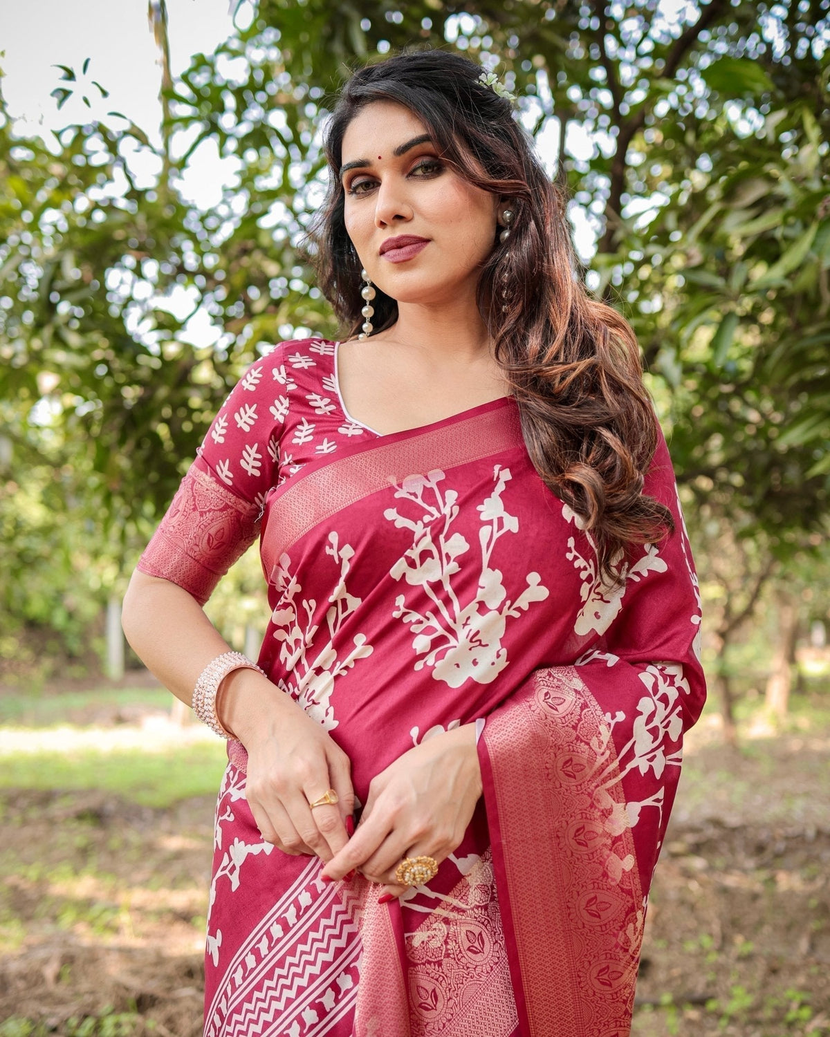 Maroon Tussar Silk Saree with White Floral Motifs, Intricate Zari